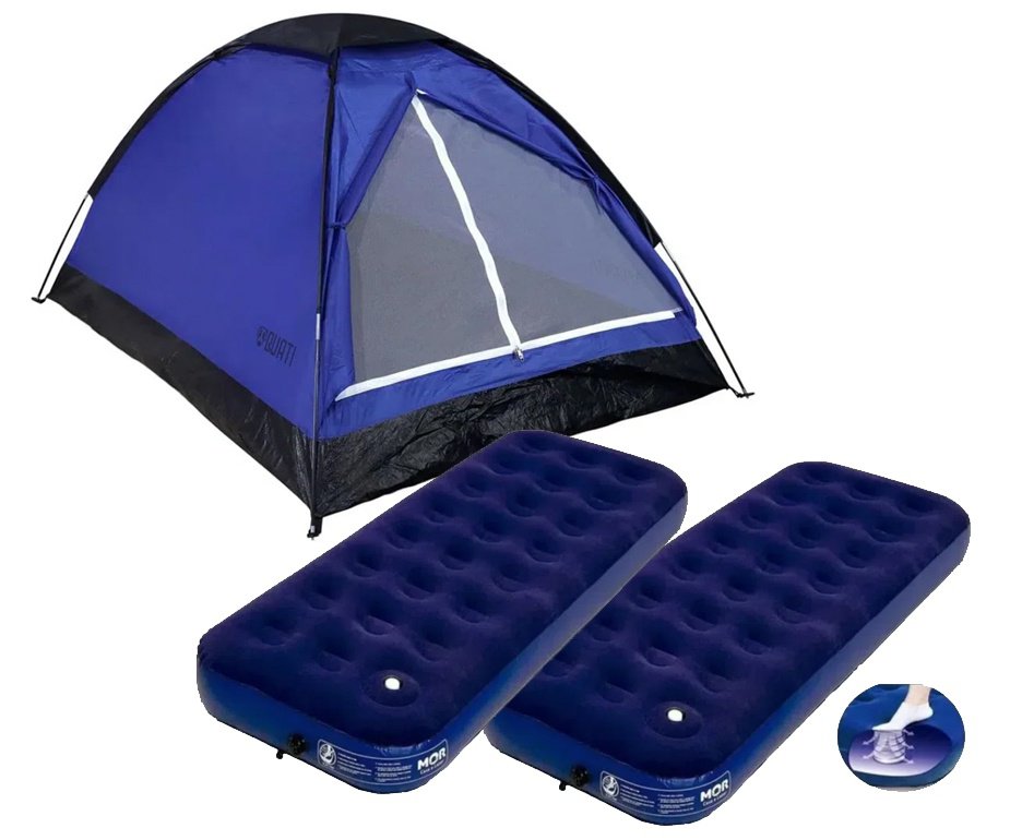 Barraca Camping 4 Pessoas Azul - Quati Carajas + 2 Colchão Inflável Multiuso Solteiro Com Fole Embutido - Mor