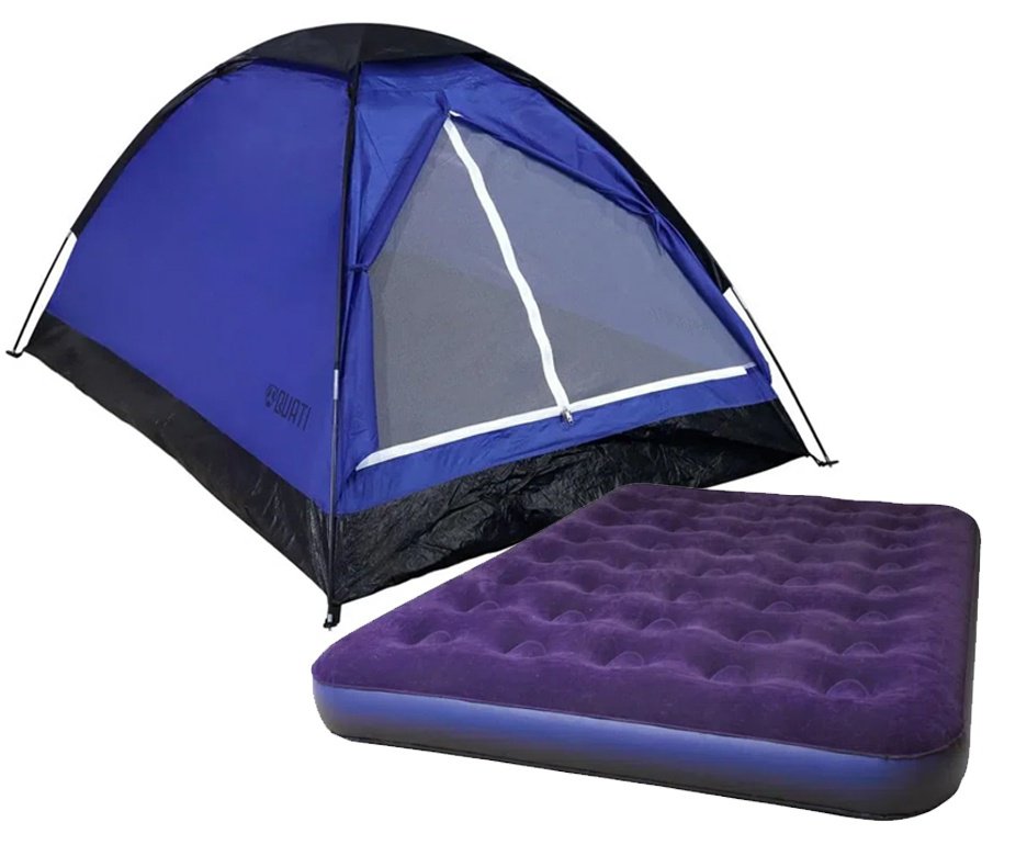 Barraca Camping 4 Pessoas Azul - Quati Carajas + Colchão Inflável Multiuso Casal camping - Mor