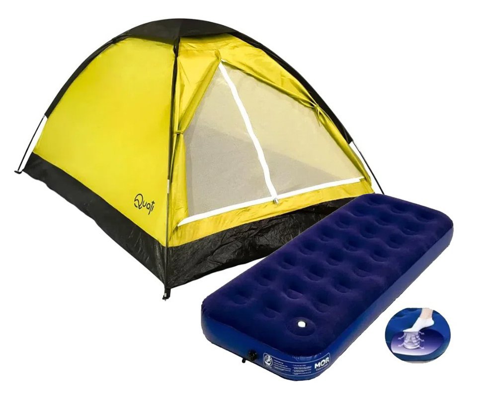Barraca Camping 2 Pessoas Quati Carajas Amarelo + Colchão Inflável Multiuso Solteiro Com Fole Embutido - Mor