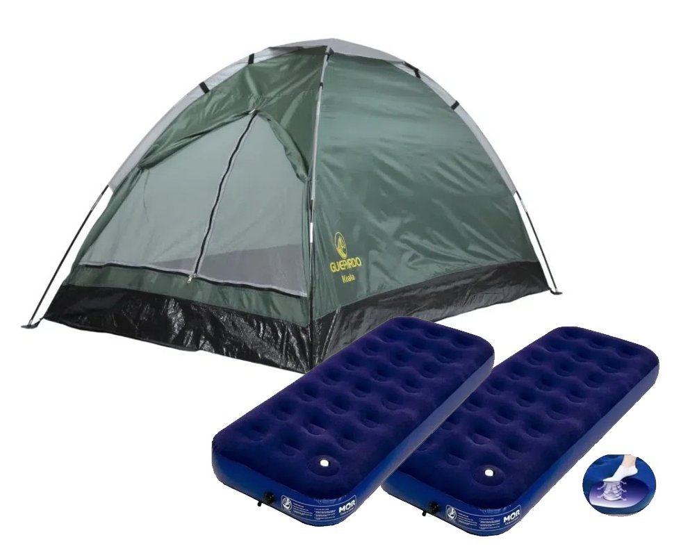 Barraca Acampamento Iglu 3 Pessoas Koala - Guepardo + 02 Colchão Inflável Multiuso Solteiro Com Fole Embutido - Mor