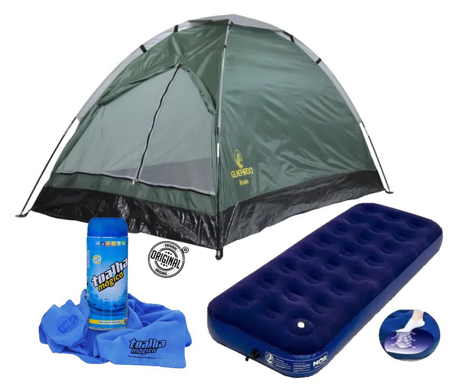 Barraca Acampamento Iglu 3 Pessoas Koala - Guepardo + Colchão Inflável Multiuso Solteiro + Toalha Mágica