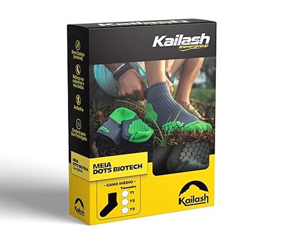 Meia Kailash Cano Médio Dots Biotech Unis. Chumbo/Verde Limão T2 (38-41)