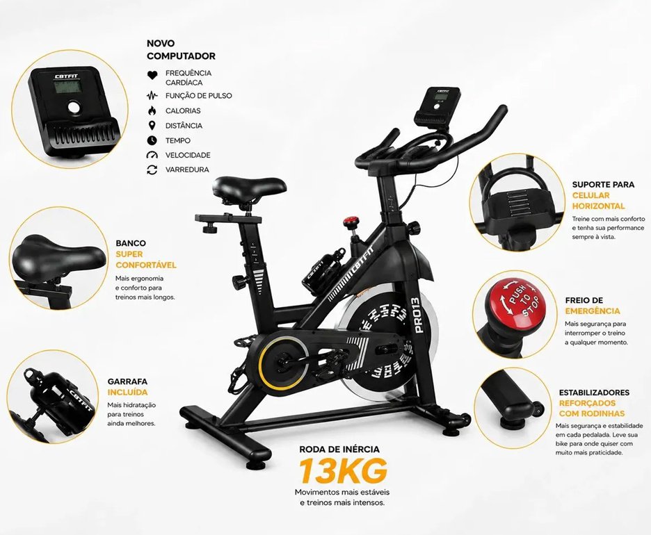 Bicicleta Ergométrica Para Spinning CBTFIT PRO 13 Roda De Inércia 13kg