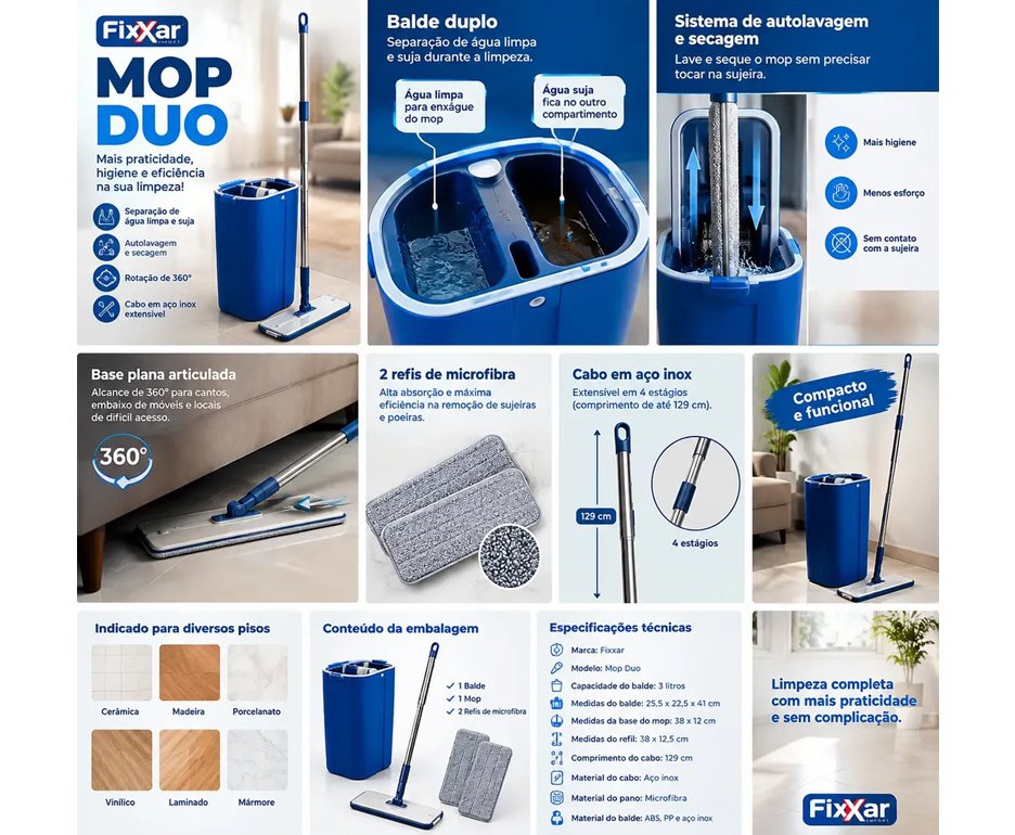 Mop Spray Duo Fixxar 480ml Giratório 360° Microfibra