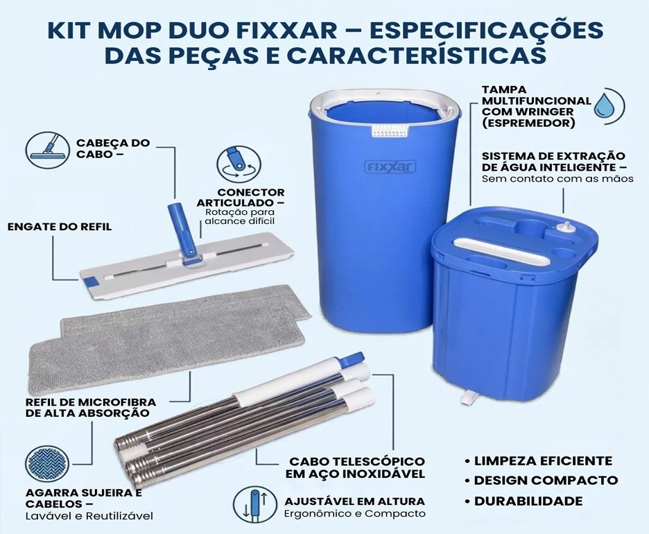 Mop Spray Duo Fixxar 480ml Giratório 360° Microfibra
