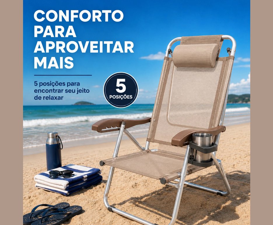 Cadeira de Praia Zaka Reclinável 5 Posições Alumínio Reforçada UP Line Até 120kg - Avelã
