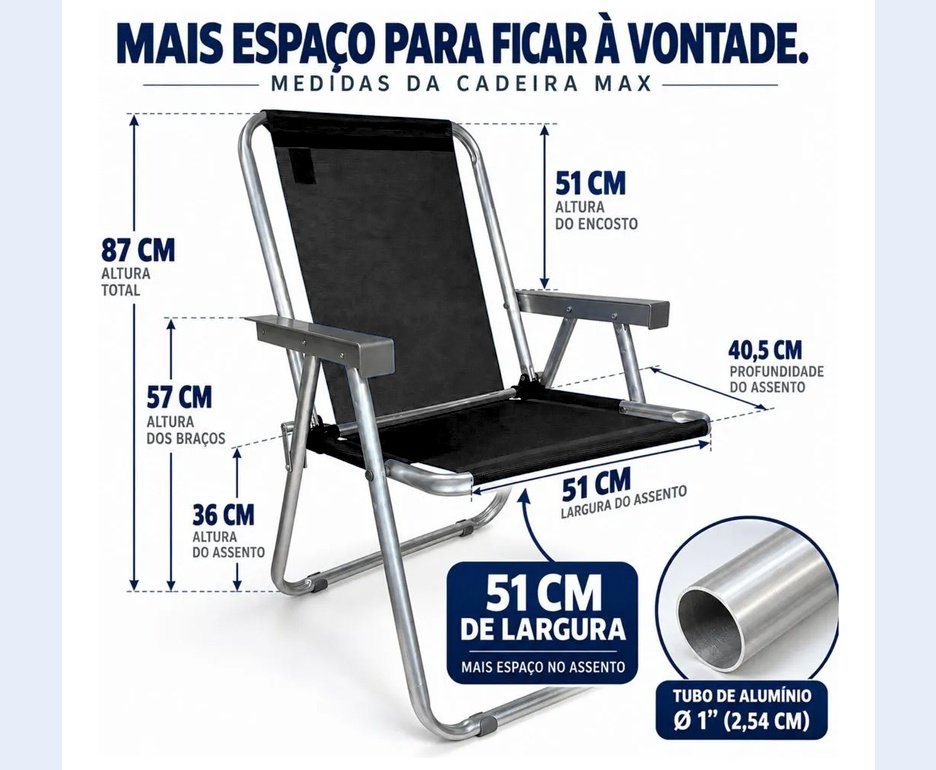 Cadeira Zaka Max Braço Alumínio Capacidade 140kg - Preta