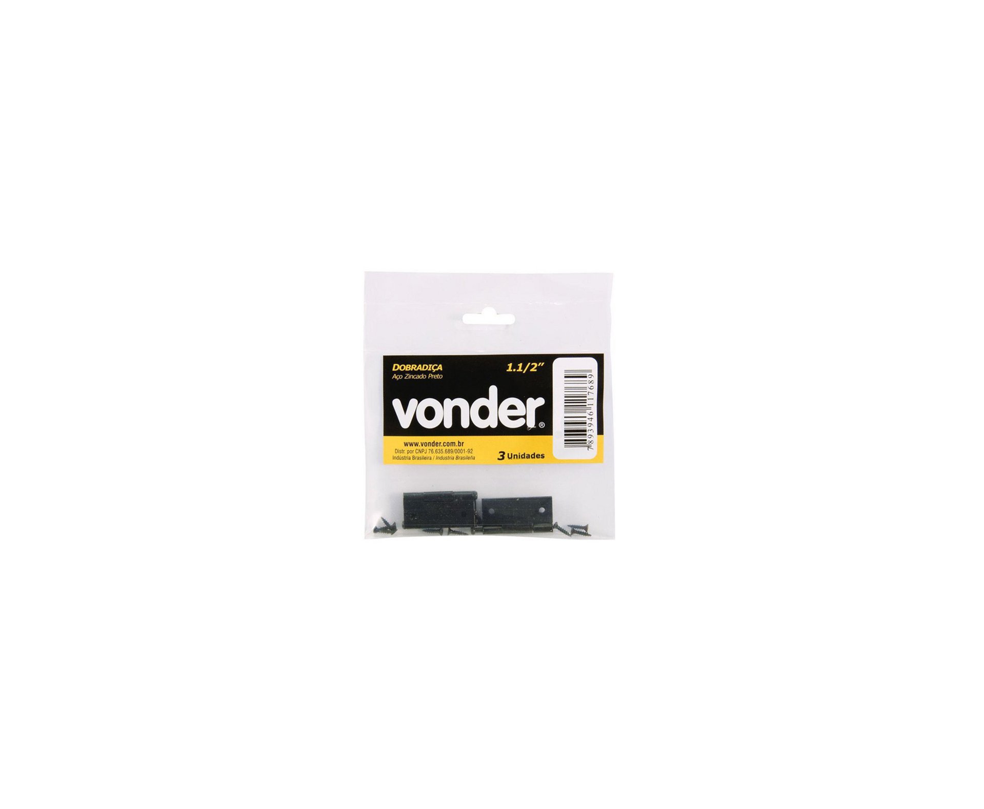 Kit Com 3 Dobradiça Aço Zincado Preto 1.1/2" - Vonder