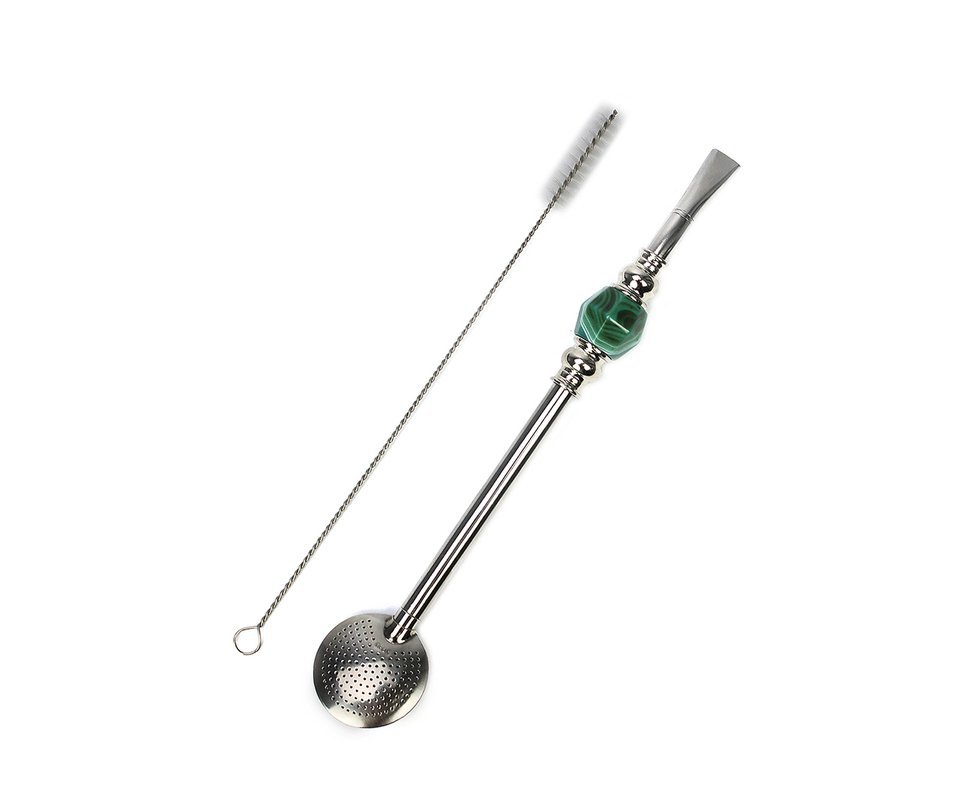 Bomba De Chimarrão - Inox + Detalhe Em Pedra Verde - Dal Castel