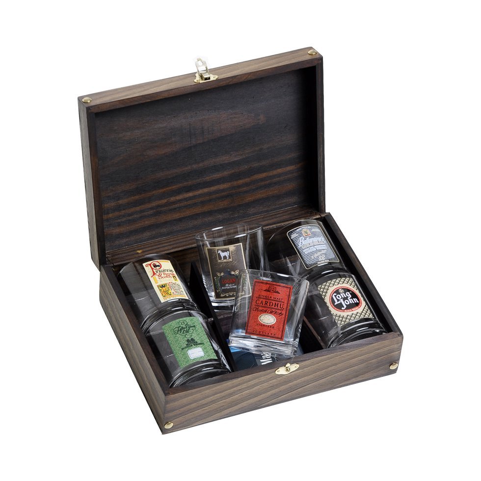 Conjunto Rótulos - 6 Copos De Whisky + Caixa De Madeira