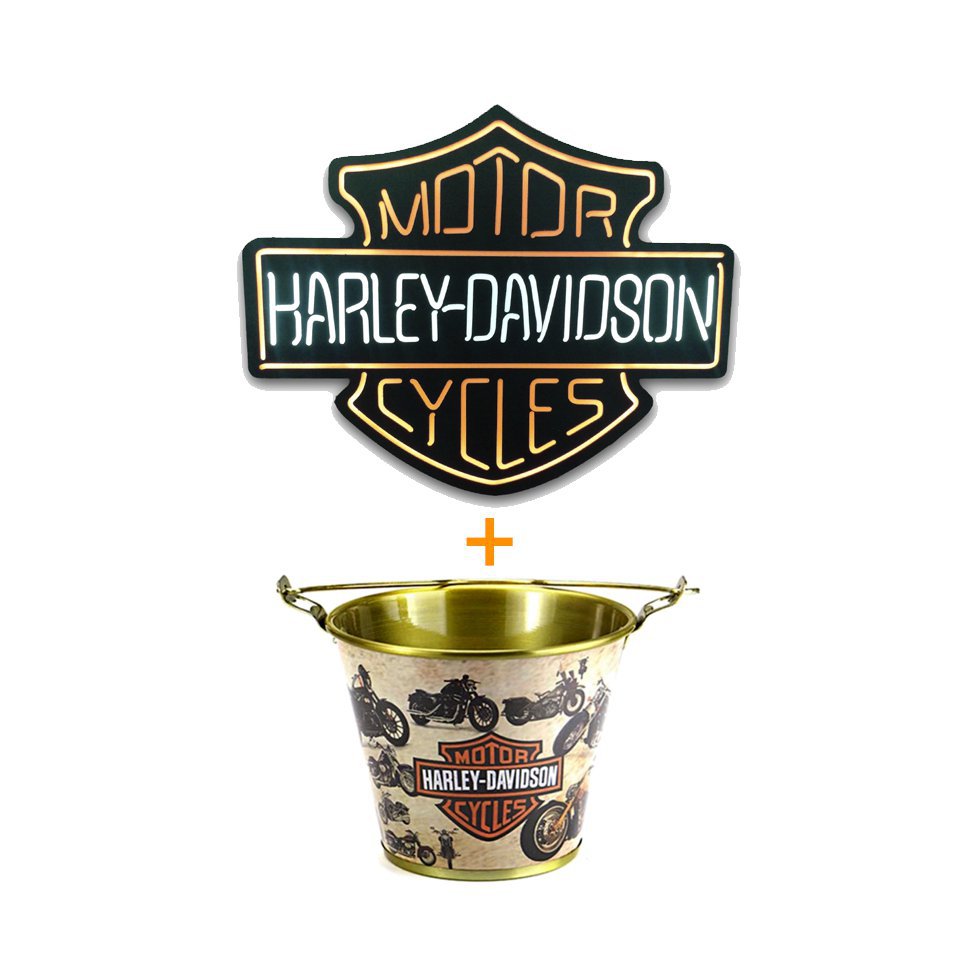 Luminoso Decorativo Harley Davidson - Mdf + Balde De Alumínio Para Gelo Harley Davidson