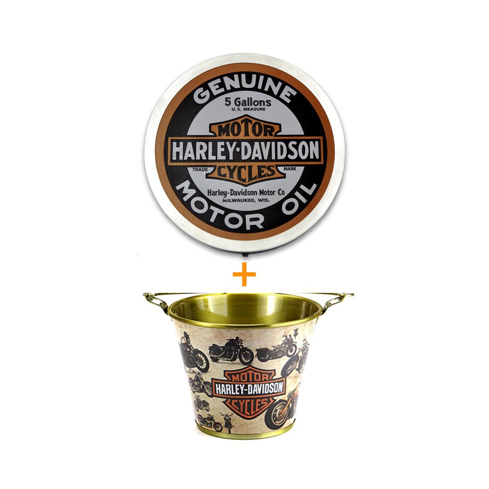 Luminoso Decorativo Redondo Harley Davidson + Balde De Alumínio Para Gelo Harley Davidson