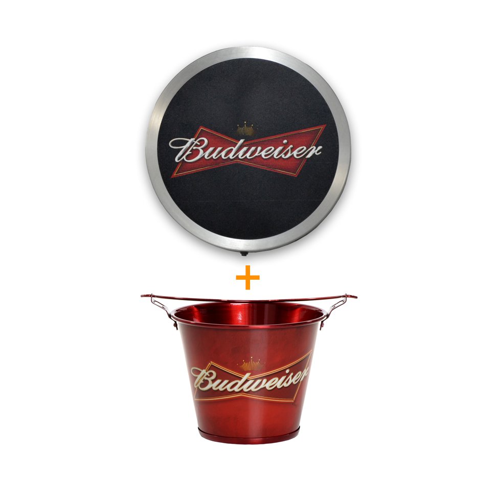 Luminoso Decorativo Redondo Budweiser + Balde De Alumínio Para Gelo Budweiser