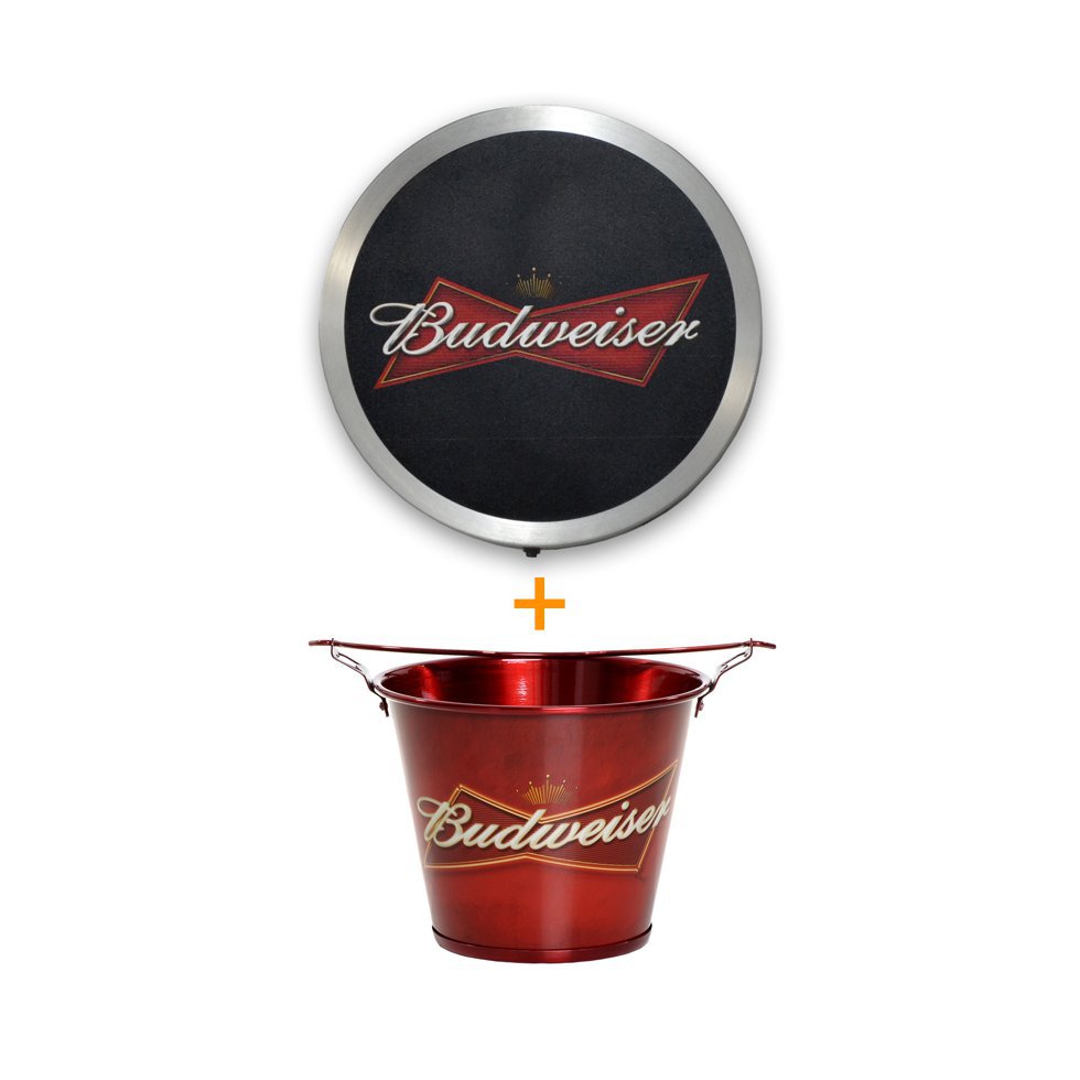 Luminoso Decorativo Redondo Budweiser + Balde De Alumínio Para Gelo Budweiser