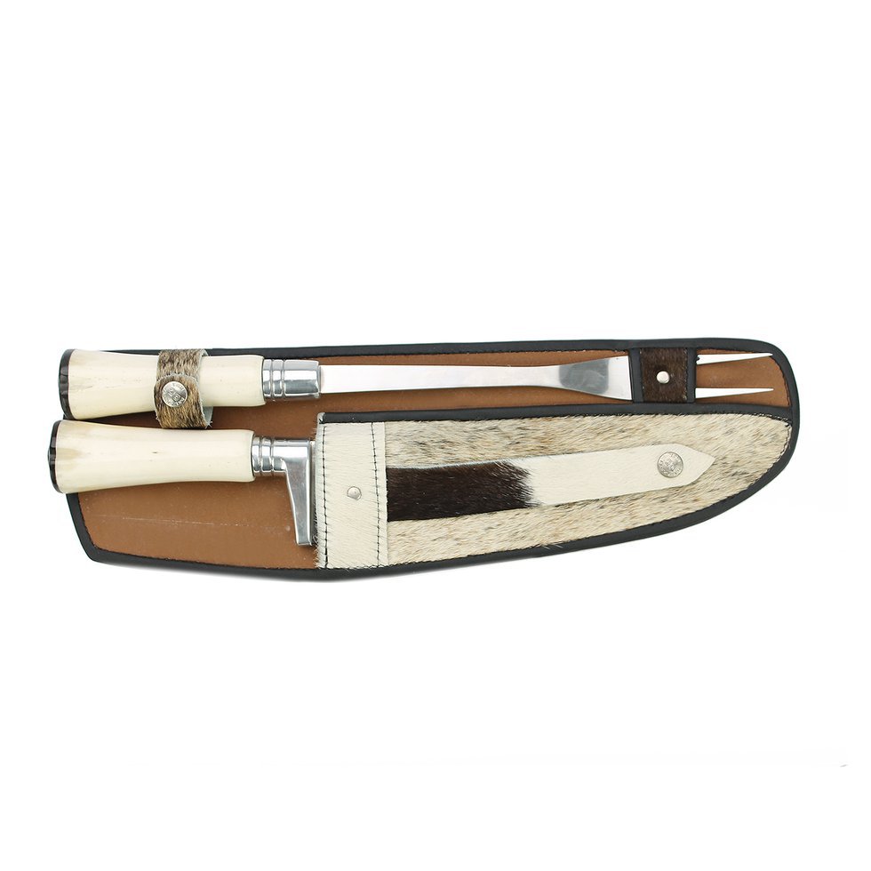 Conjunto Faca E Garfo 9,5" - Cabo De Osso + Suporte Em Couro - Dal Castel