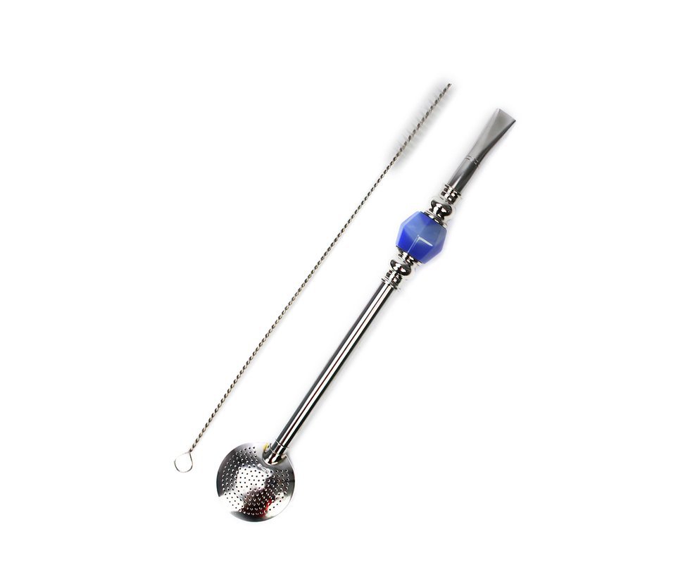 Bomba De Chimarrão - Inox + Detalhe Em Pedra Azul - Dal Castel