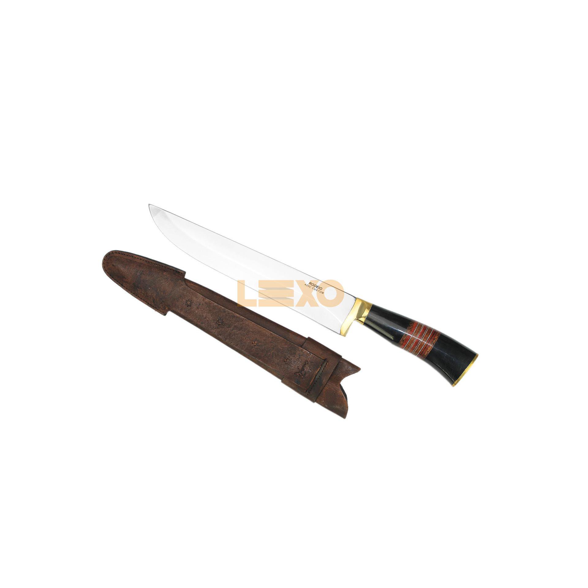 Faca Churrasco 10" + Bainha Couro - Cabo De Madeira/chifre - Rodeio