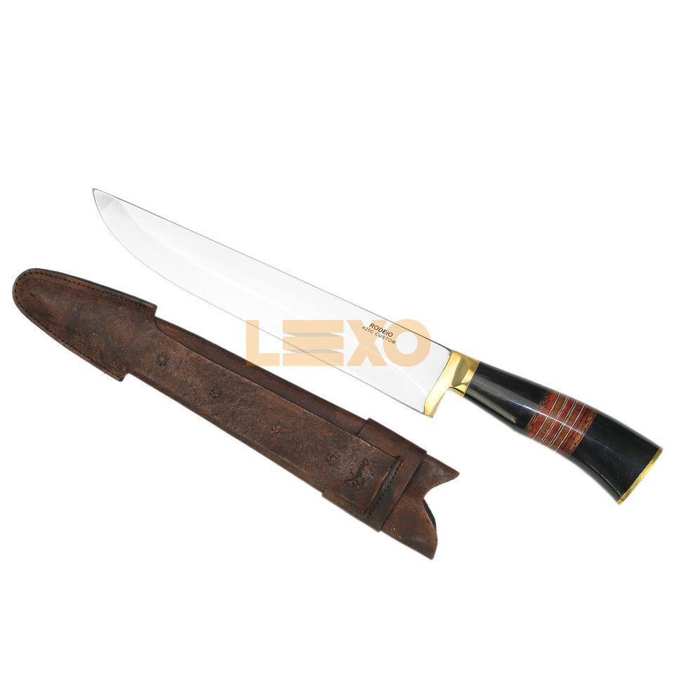 Faca Churrasco 10" + Bainha Couro - Cabo De Madeira/chifre - Rodeio