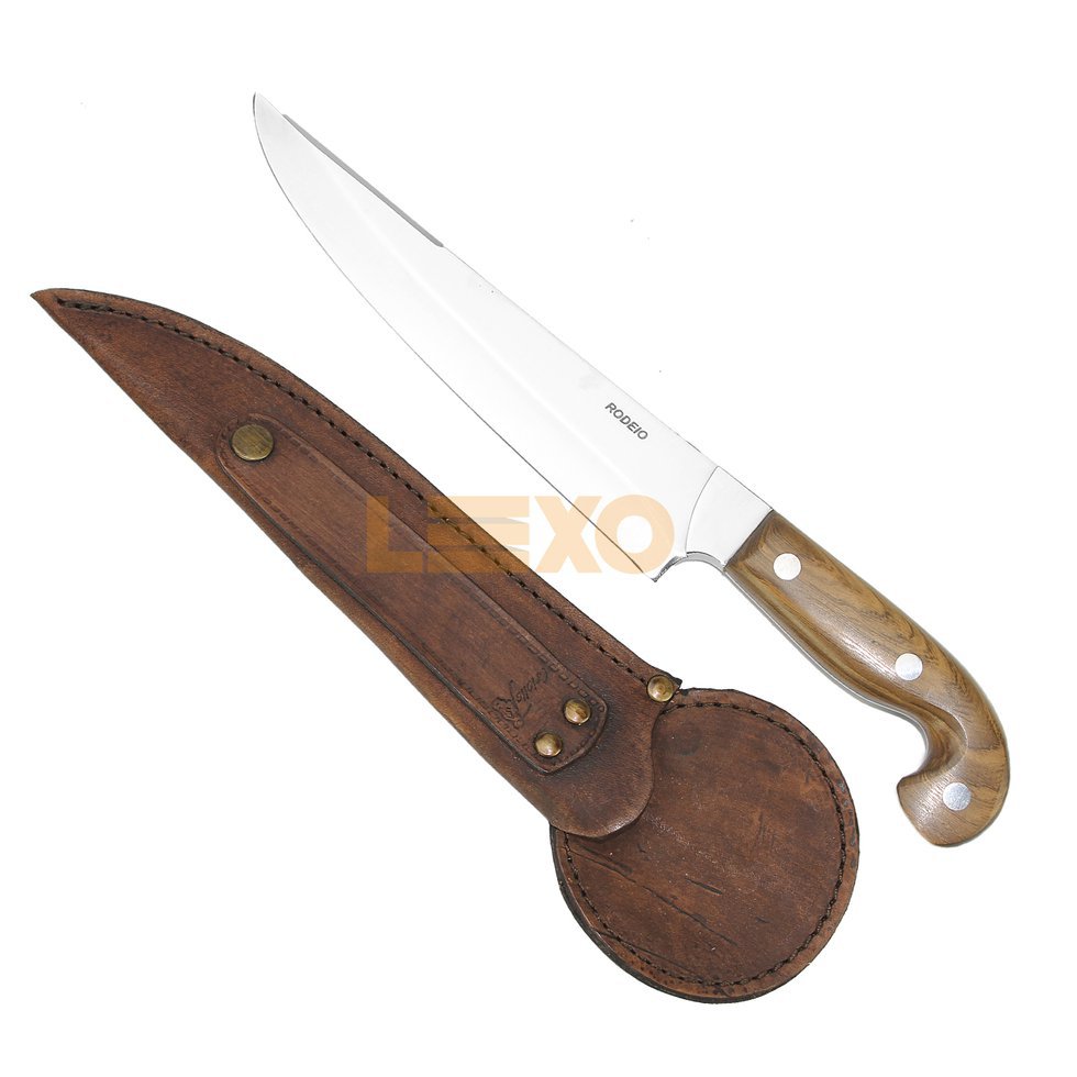 Faca Sorocabana 8" + Bainha Couro - Cabo De Madeira Guajuvira - Rodeio