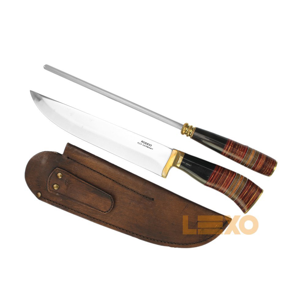 Conjunto De Faca + Chaira 9" Cabo Madeira E Chifre - Rodeio