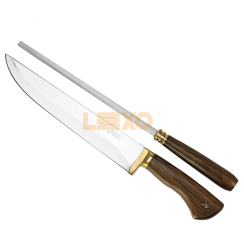 Conjunto De Faca + Chaira 9" Cabo Madeira Guajuvira - Rodeio