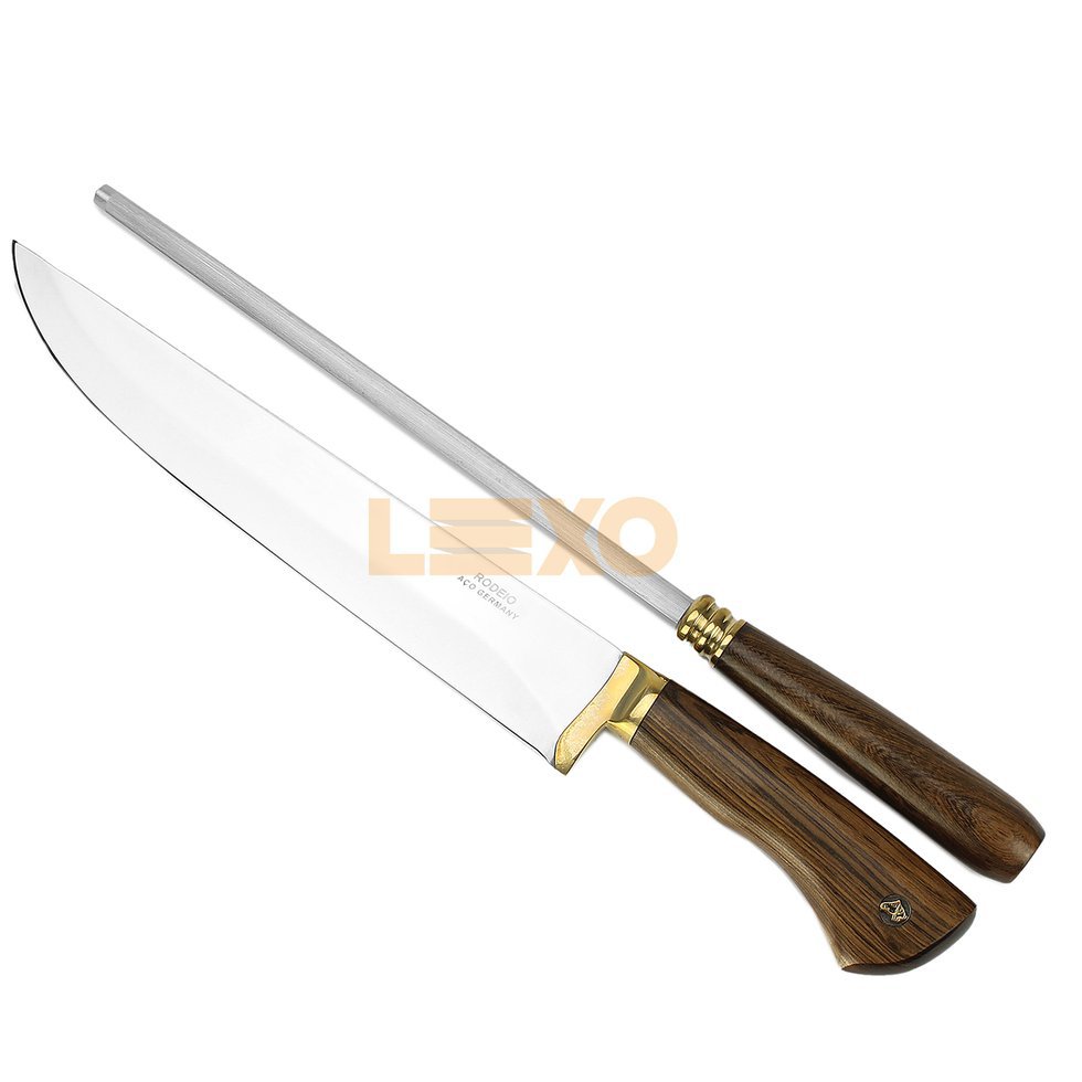 Conjunto De Faca + Chaira 10" Cabo Madeira Guajuvira - Rodeio