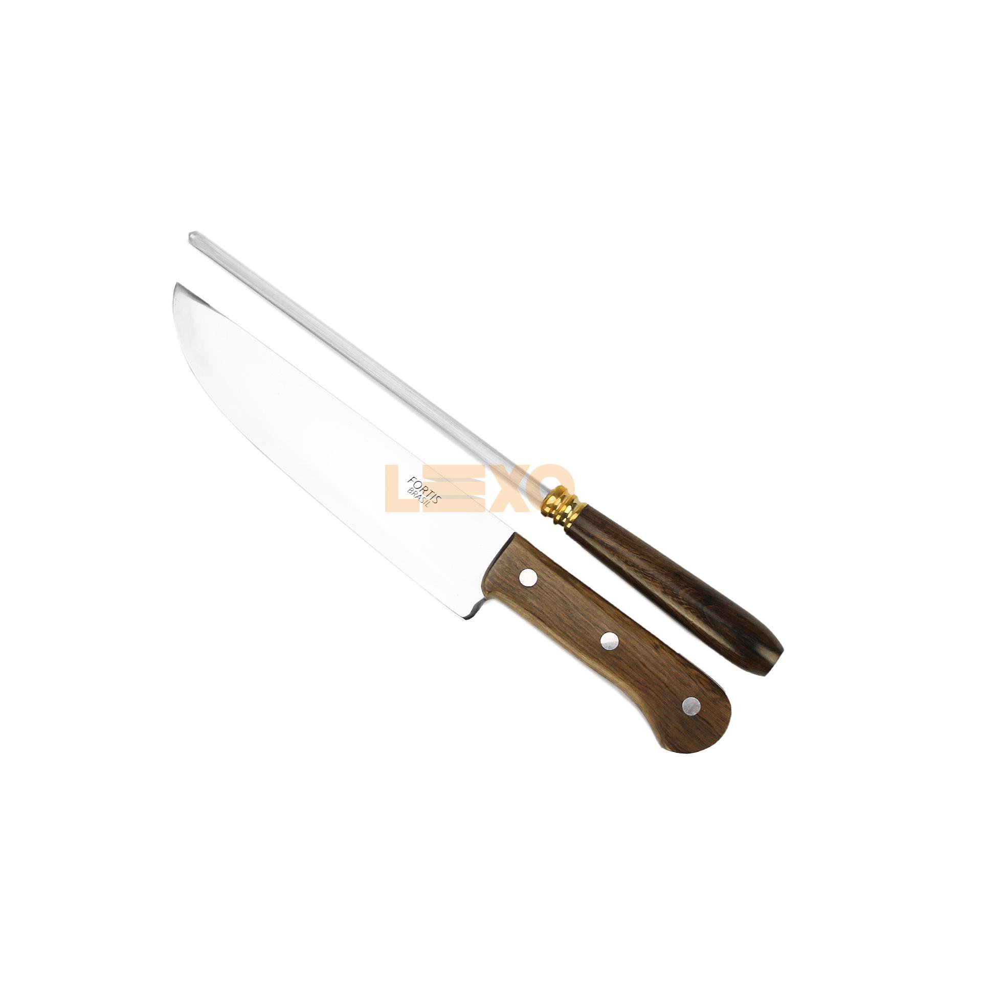 Conjunto De Faca + Chaira 9" + Bainha Couro - Utilitário Especial Cabo Madeira Guajuvira - Fortis Brasil