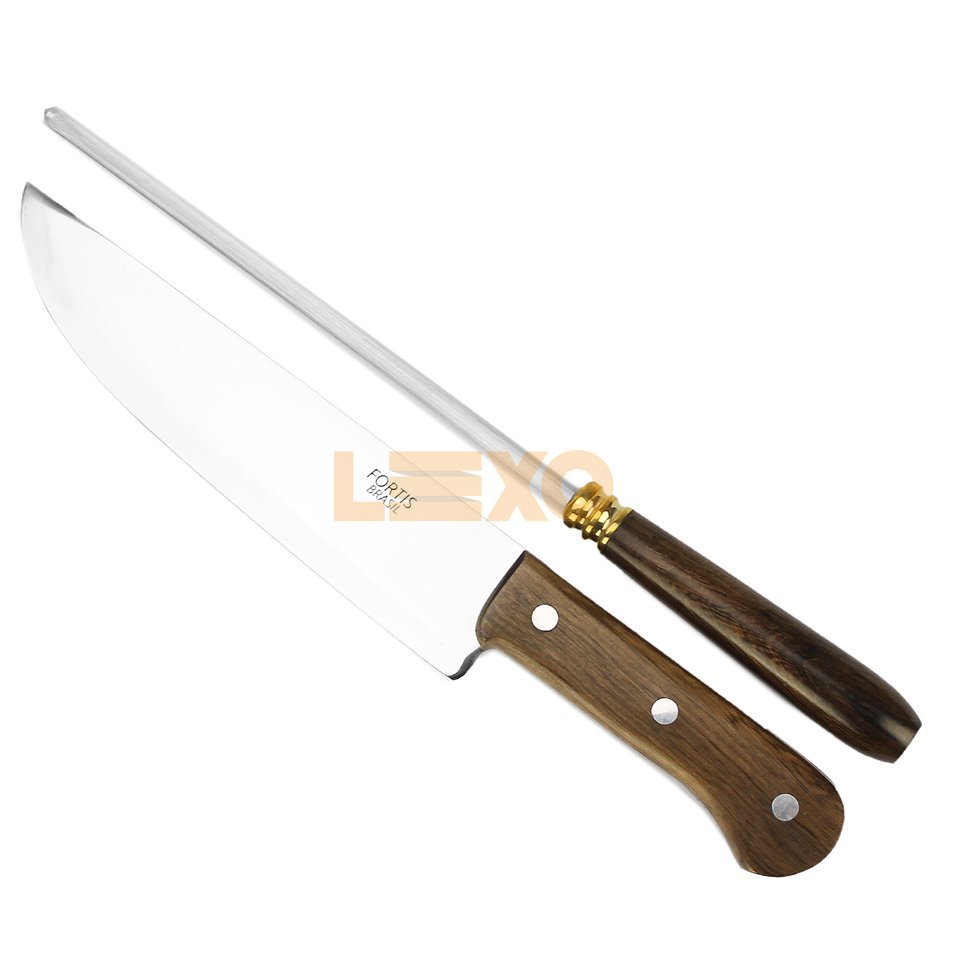 Conjunto De Faca + Chaira 9" + Bainha Couro - Utilitário Especial Cabo Madeira Guajuvira - Fortis Brasil