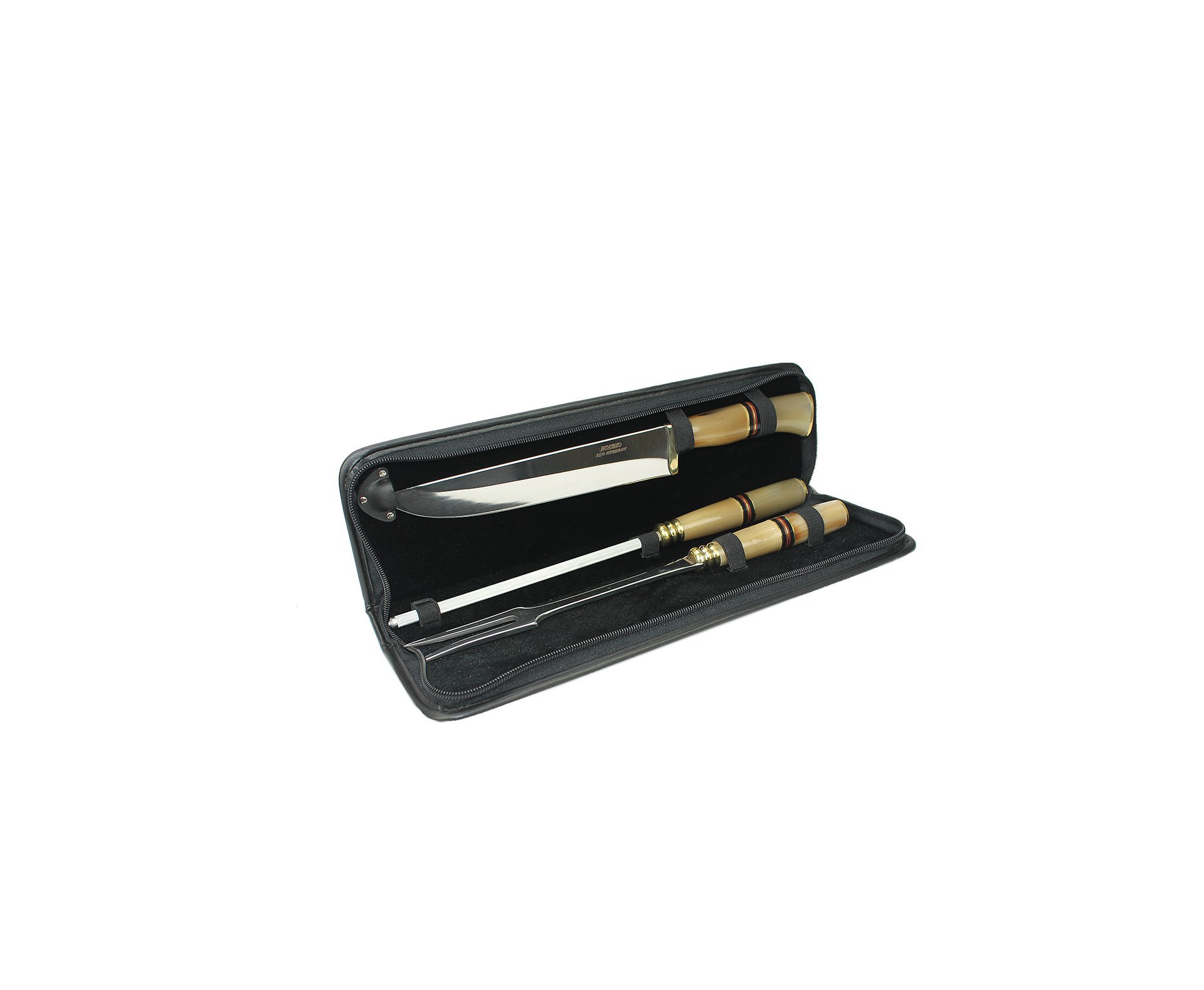 Conjunto De Faca + Chaira + Garfo 8" + Estojo - Cabo De Madeira E Chifre - Rodeio