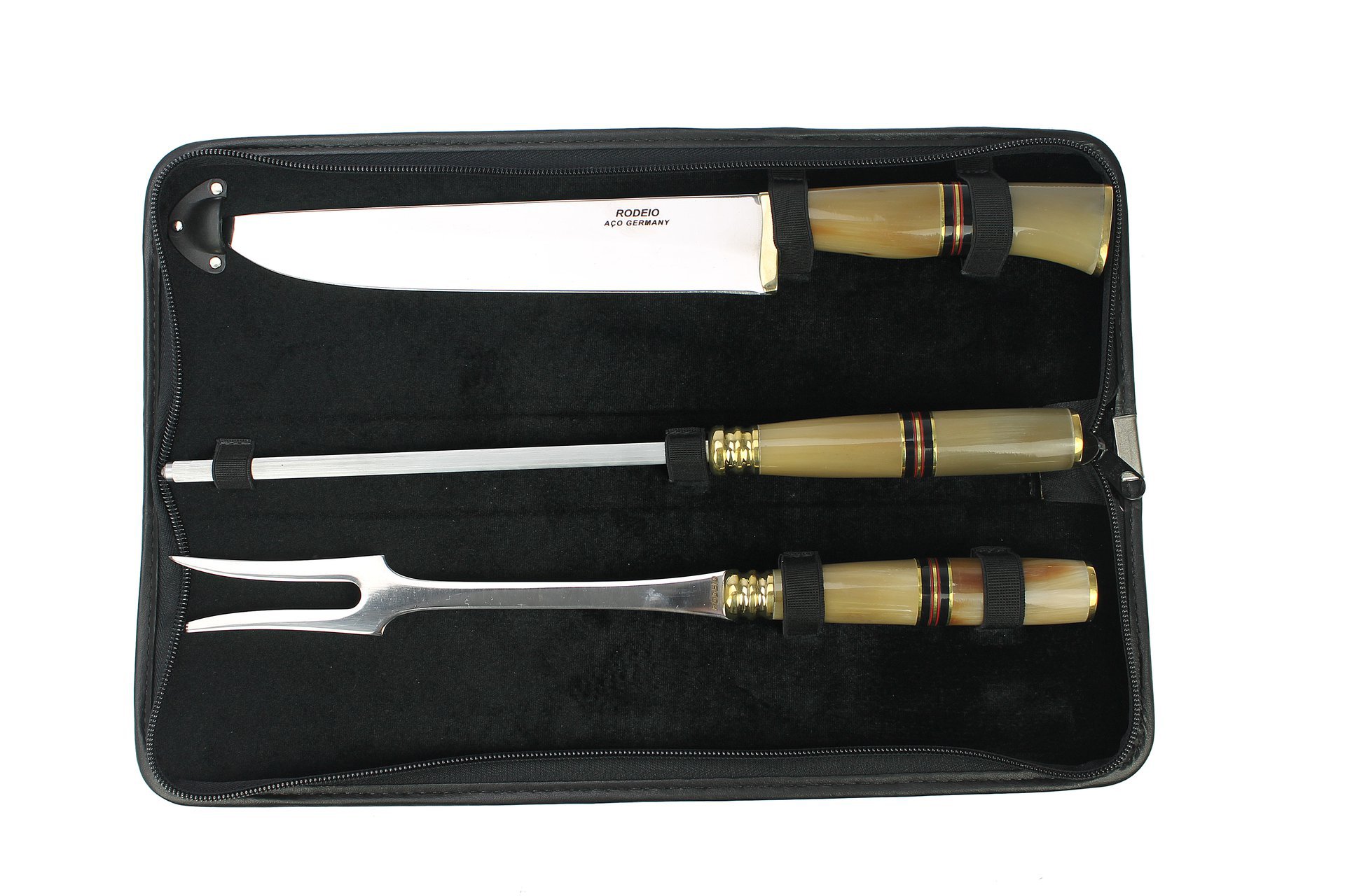 Conjunto De Faca + Chaira + Garfo 8" + Estojo - Cabo De Madeira E Chifre - Rodeio