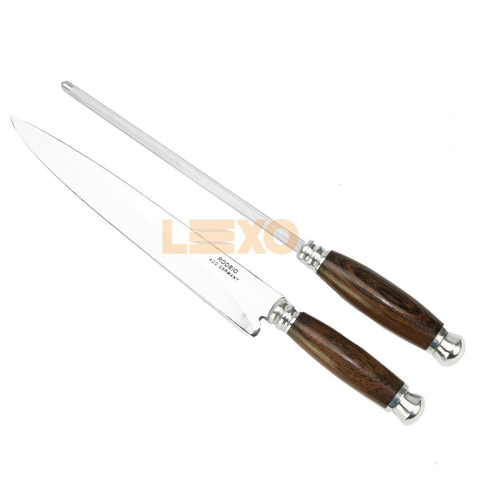 Conjunto De Faca Campeira E Chaira 9" Cabo Redondo De Madeira Guajuvira - Rodeio