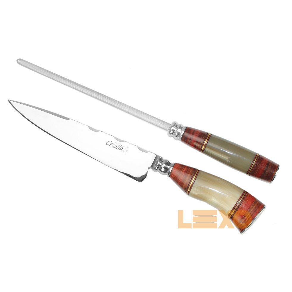 Conjunto Forjado De Faca E Chaira C/ Mosca 8" Cabo De Madeira E Chifre - Criolla.