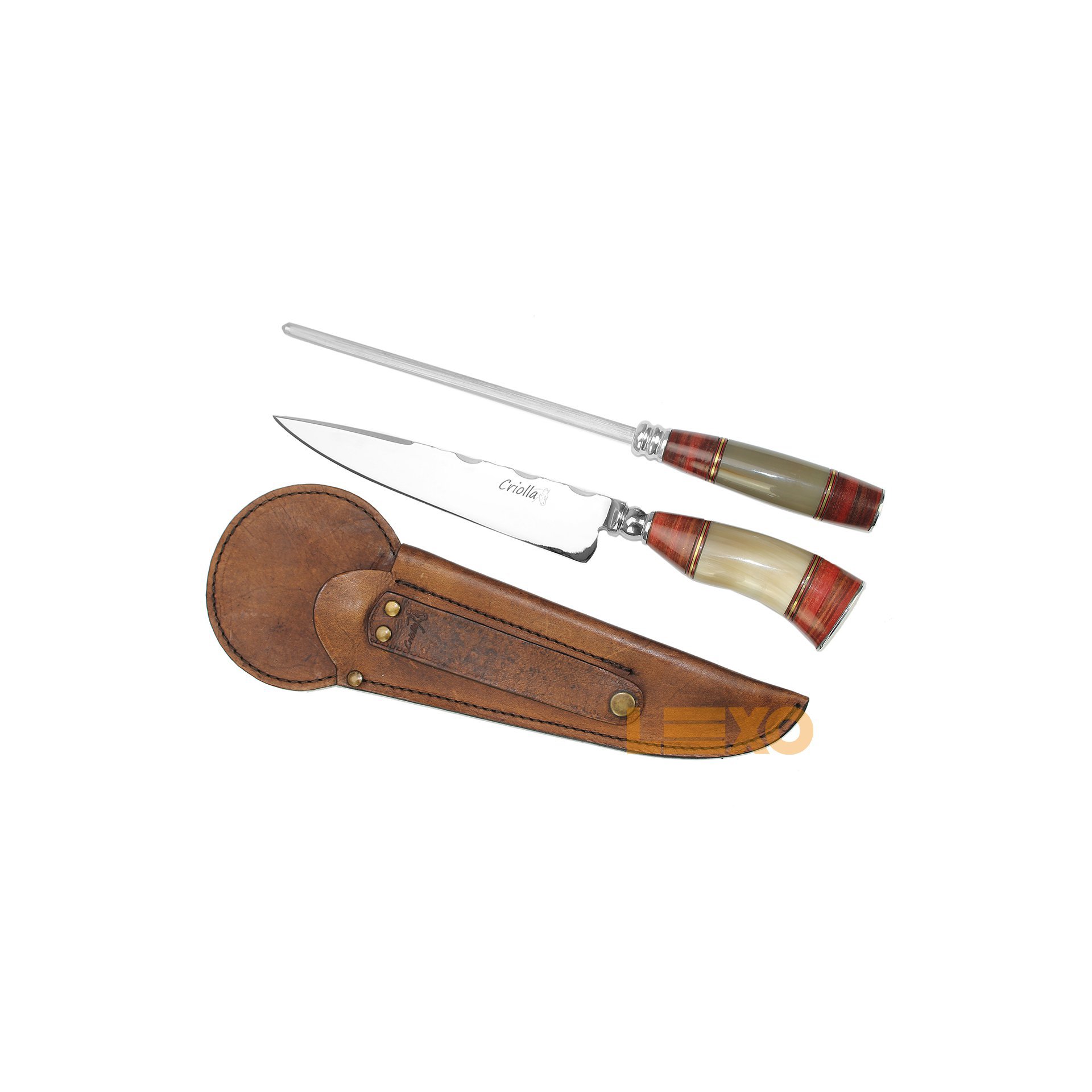 Conjunto Forjado De Faca E Chaira C/ Mosca 10" Cabo De Madeira E Chifre - Criolla