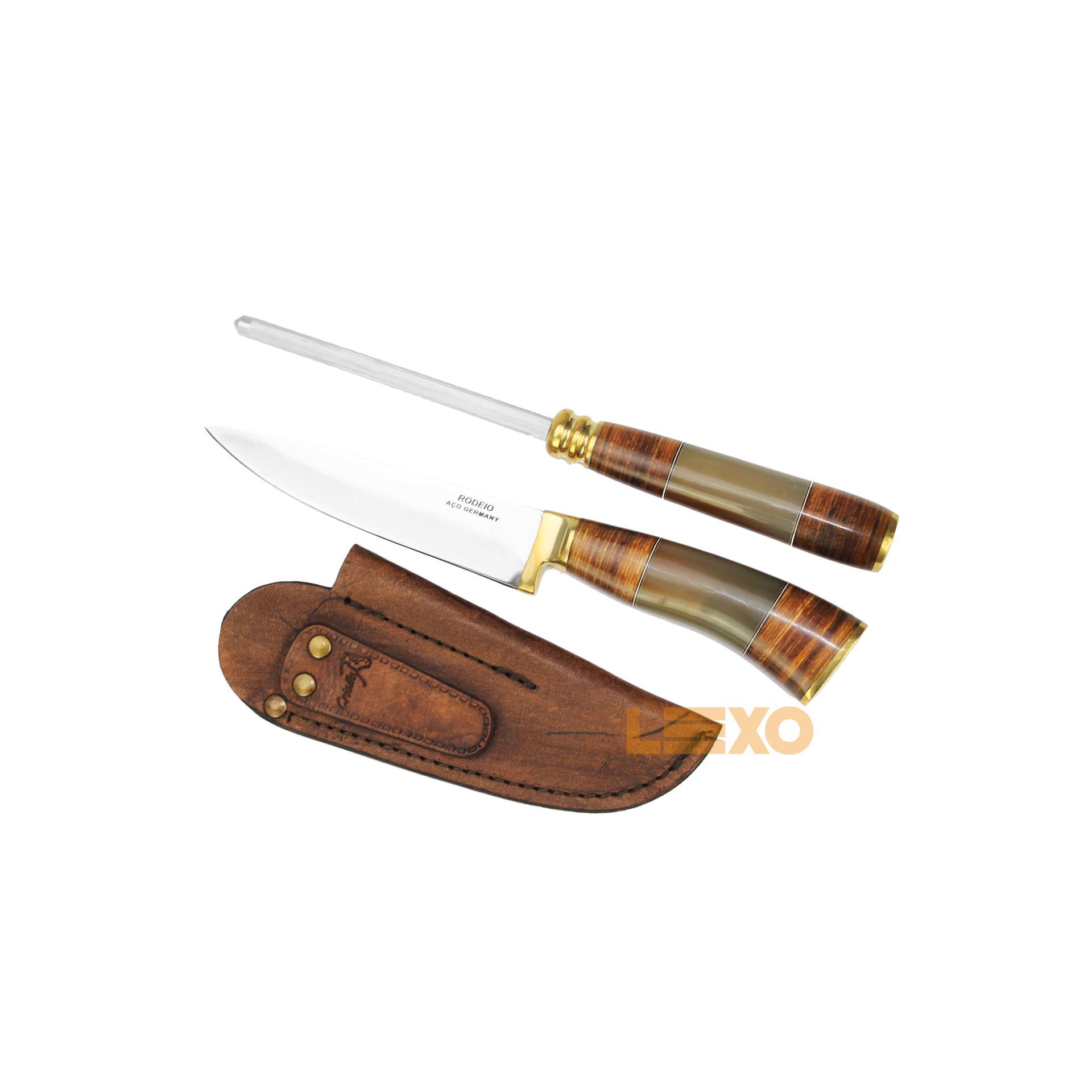 Conjunto De Faca E Chaira 5" Cabo Madeira E Chifre - Rodeio.