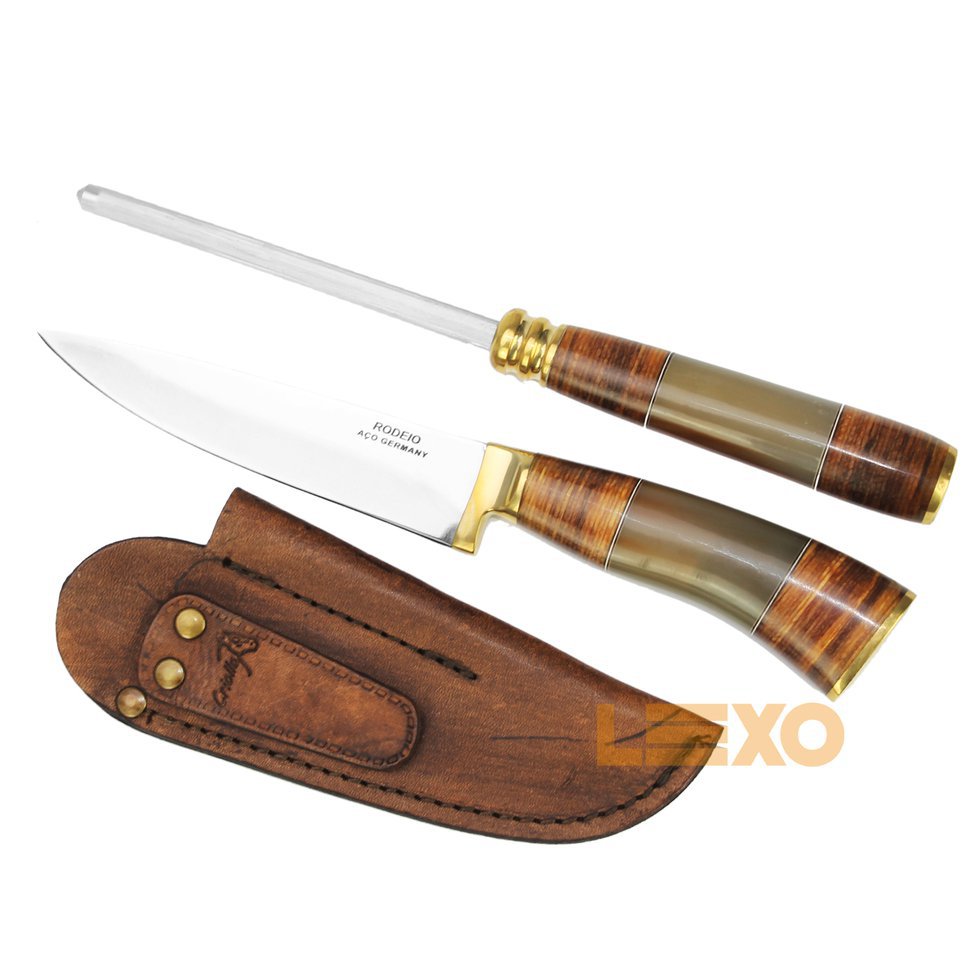 Conjunto De Faca E Chaira 5" Cabo Madeira E Chifre - Rodeio.