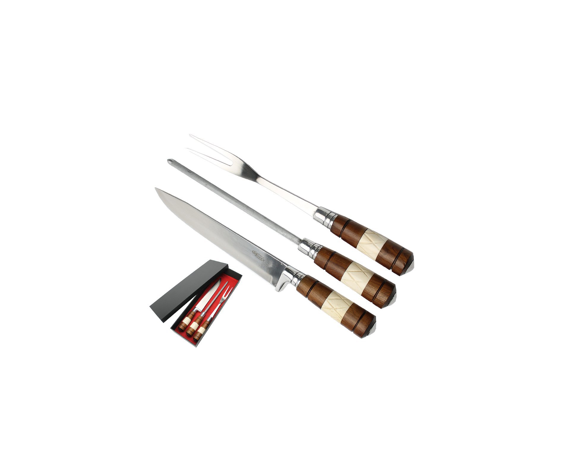 Conjunto De Faca Garfo E Chaira 8,5" Cabo De Osso E Madeira - Dal Castel