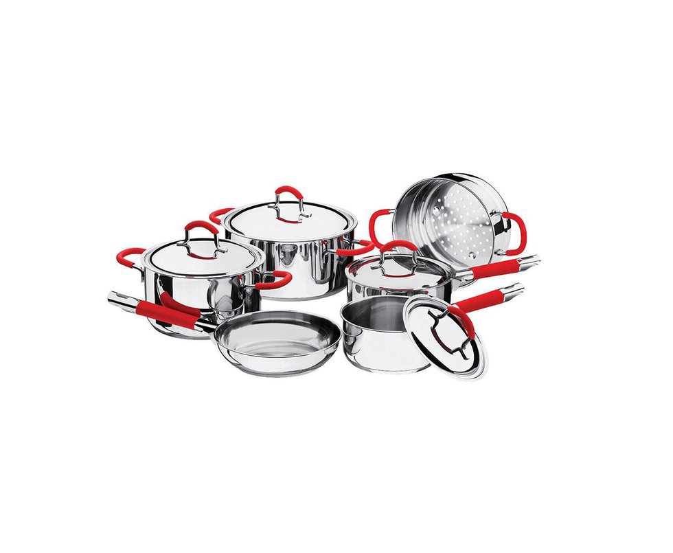 Conjunto De Panelas Cremona Aço Inox 6 Peças Cabo Vermelho - Brinox