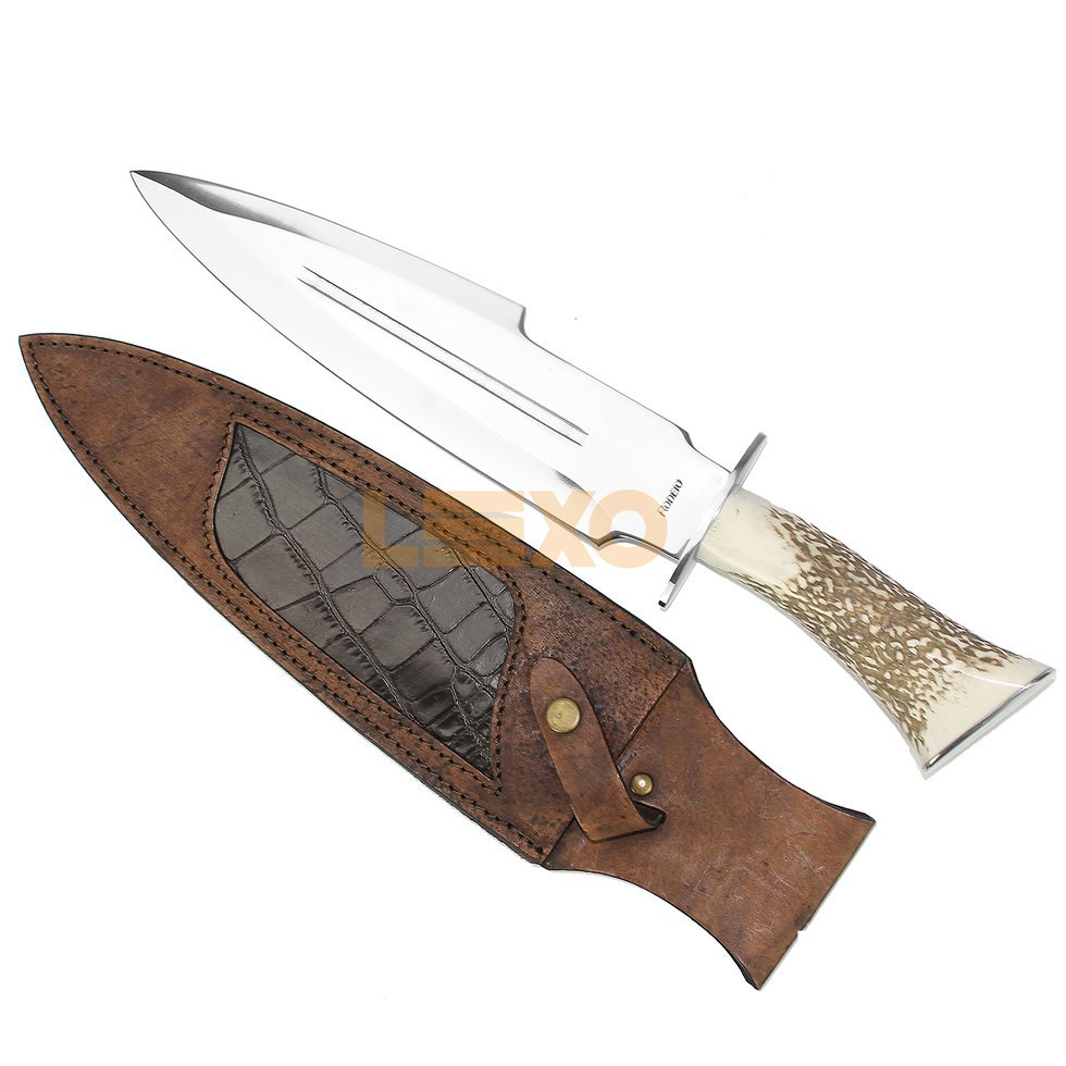 Faca Custom 11" + Bainha Couro - Cabo De Chifre De Cervo Natural - Rodeio