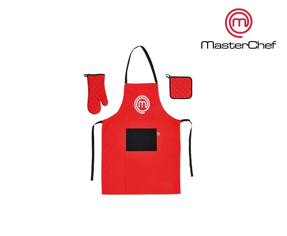 Kit Conjunto Avental + Luva Termica + Porta Panela 3 Peças Vermelho - Masterchef