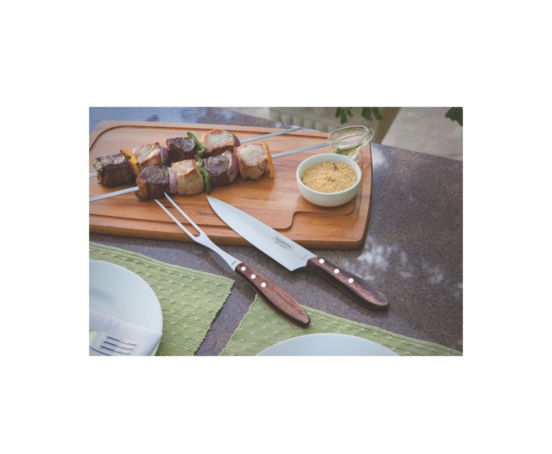 Jogo Faca E Garfo 2 Pçs Polywood Lamina De Aço Inox E Cabo De Madeira - Tramontina