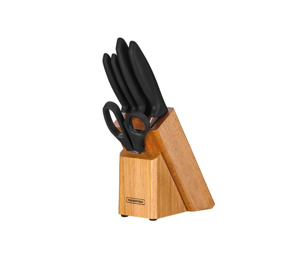 Jogo De Faca 6 Pçs Plenus Com Laminas De Aço Inox, Cabo De Polipropileno E Cepo Madeira - Tramontina