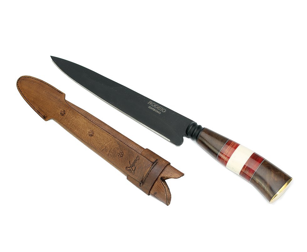 Faca Churrasco 8" Em Aço Carbono + Bainha Couro - Cabo De Madeira/chifre - Rodeio