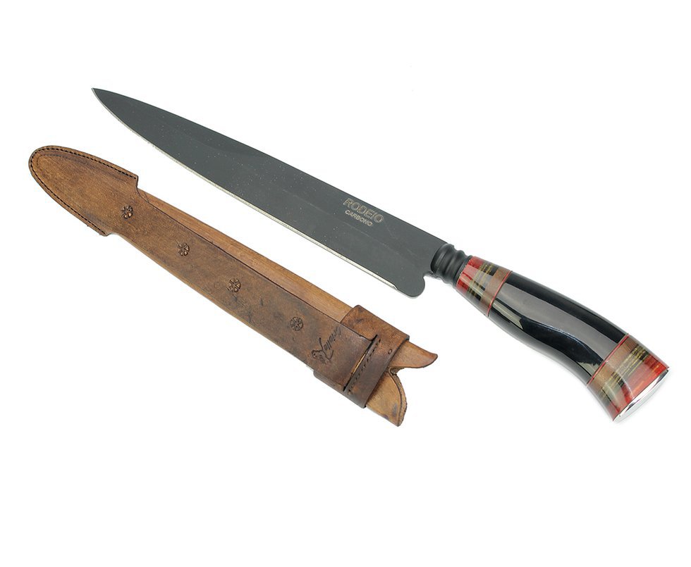 Faca Churrasco 9" Em Aço Carbono + Bainha Couro - Cabo De Madeira/chifre - Rodeio