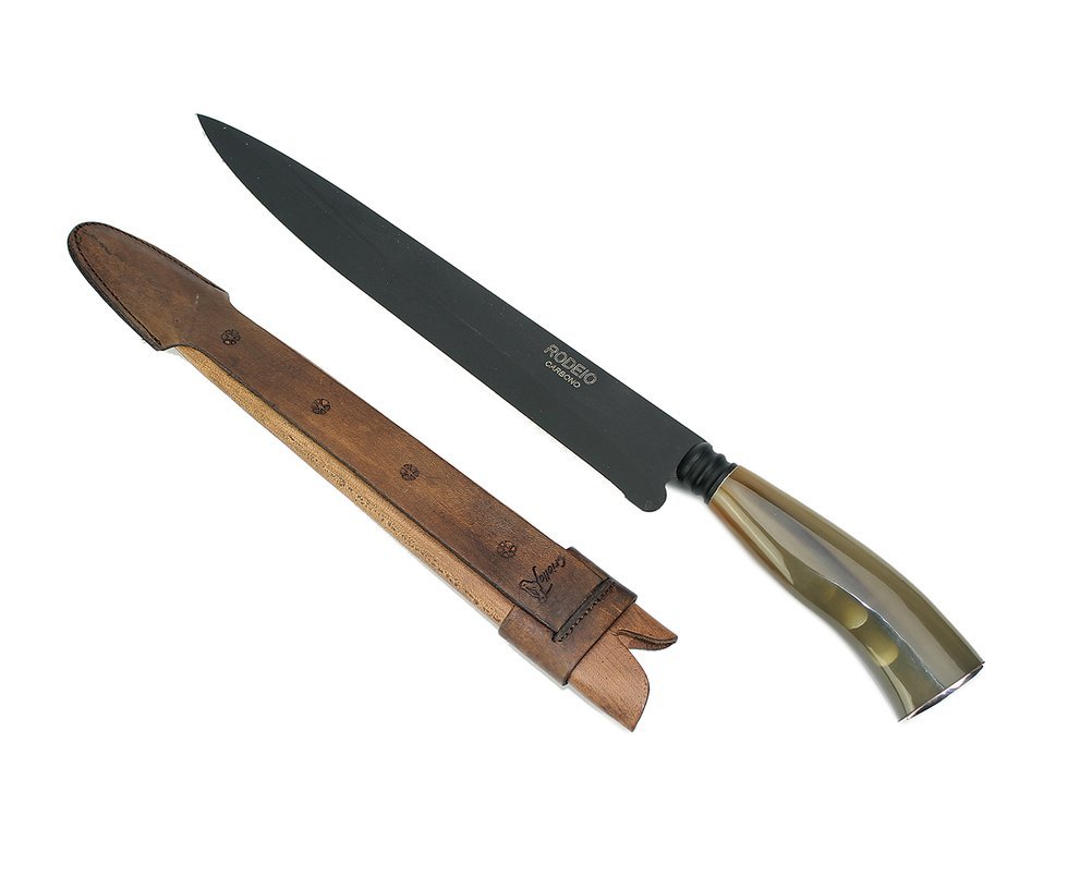 Faca Churrasco 10" Em Aço Carbono + Bainha Couro - Cabo De Madeira/chifre - Rodeio