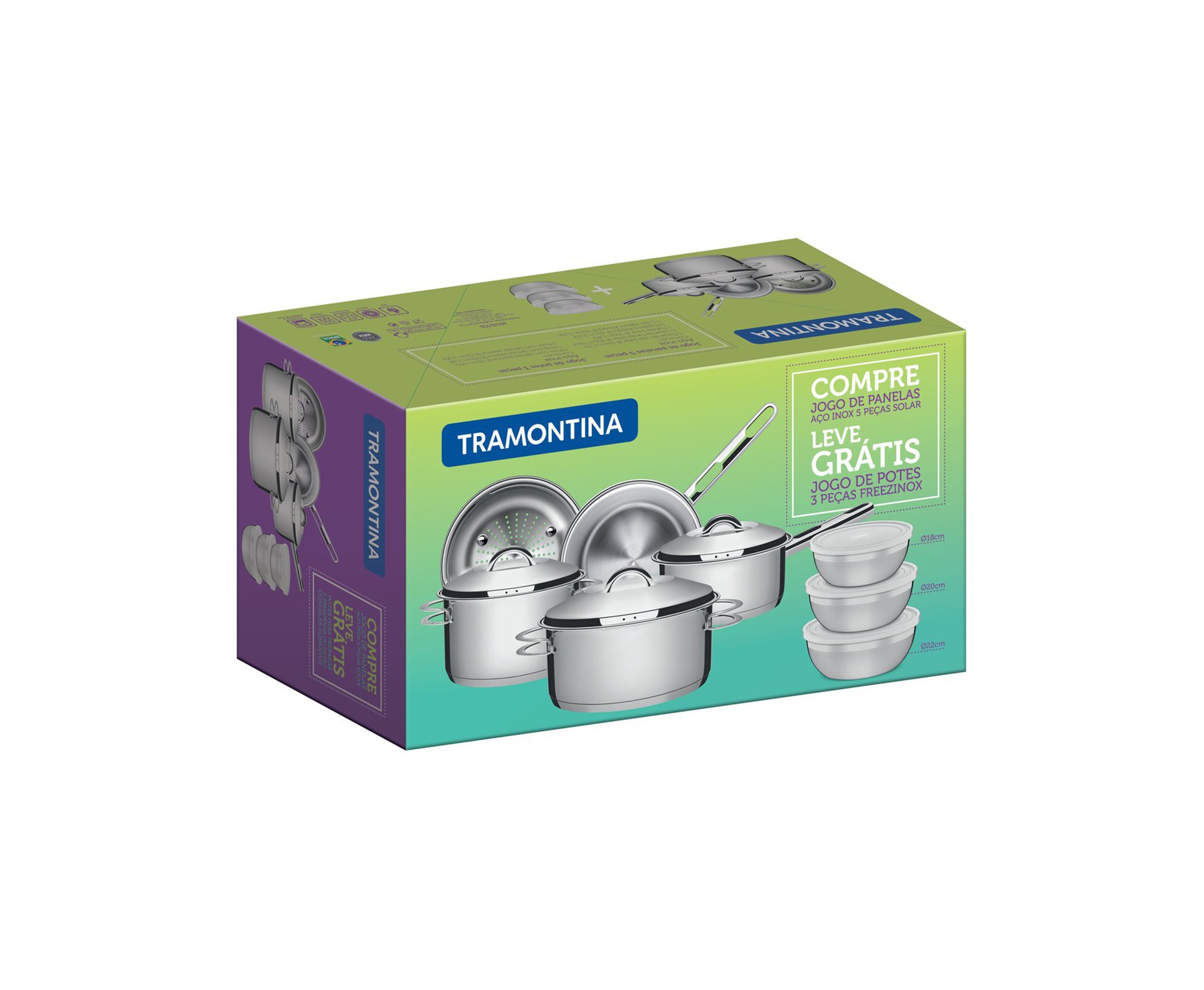 Jogo De Panelas 5 Peças E Jogo De Potes 3 Peças Em Aço Inox Tramontina