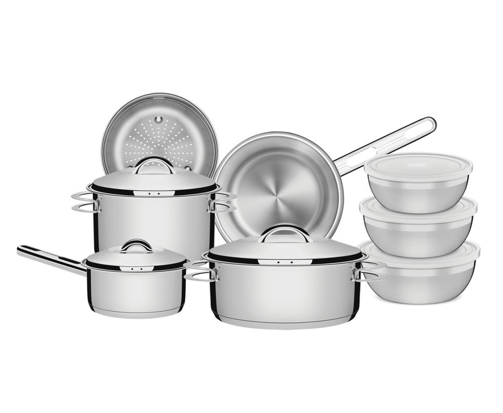 Jogo De Panelas 5 Peças E Jogo De Potes 3 Peças Em Aço Inox Tramontina