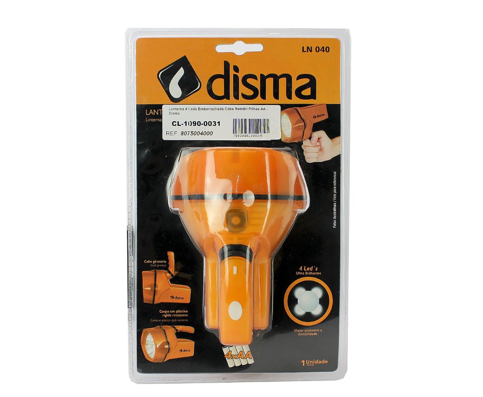 Lanterna 4 Leds Emborrachada Cabo Retrátil Pilhas Aa - Disma